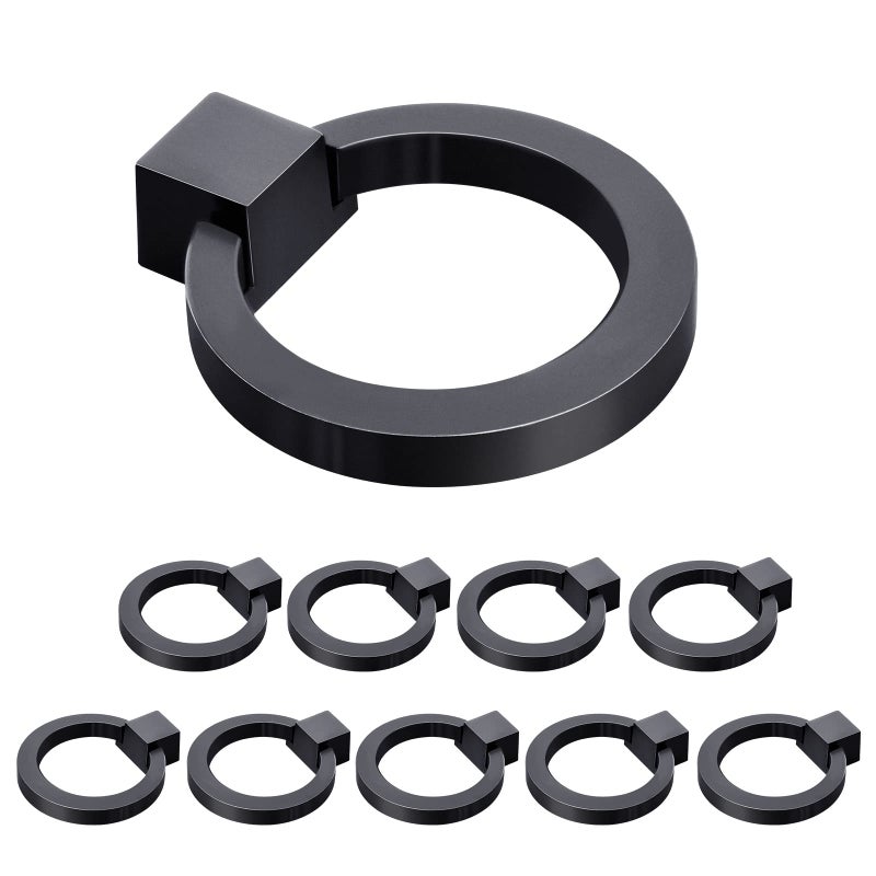 WEAVERBIRD Round Zinc Alloy Cabinet Knob Matte Black Ring Pull Handles Single Hole for Kitchen Drawer, 1.57" Diameter- Pack of 10 - Image 1